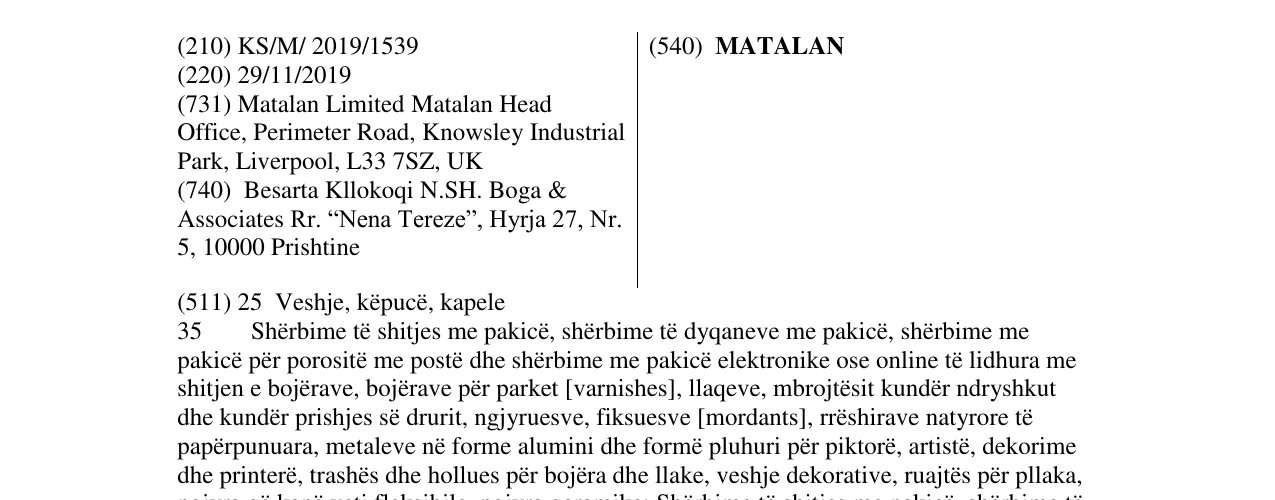 Zëri i markës MATALAN në buletin