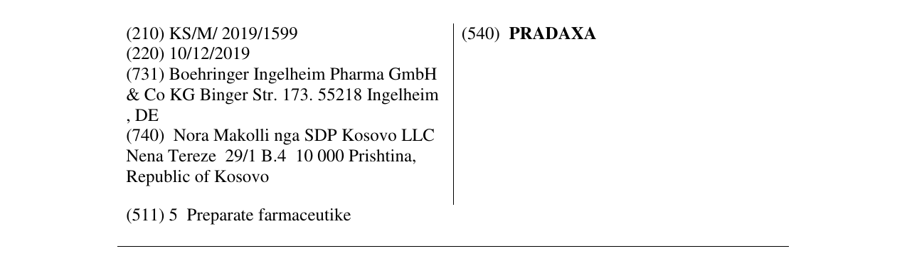 Zëri i markës PRADAXA në buletin