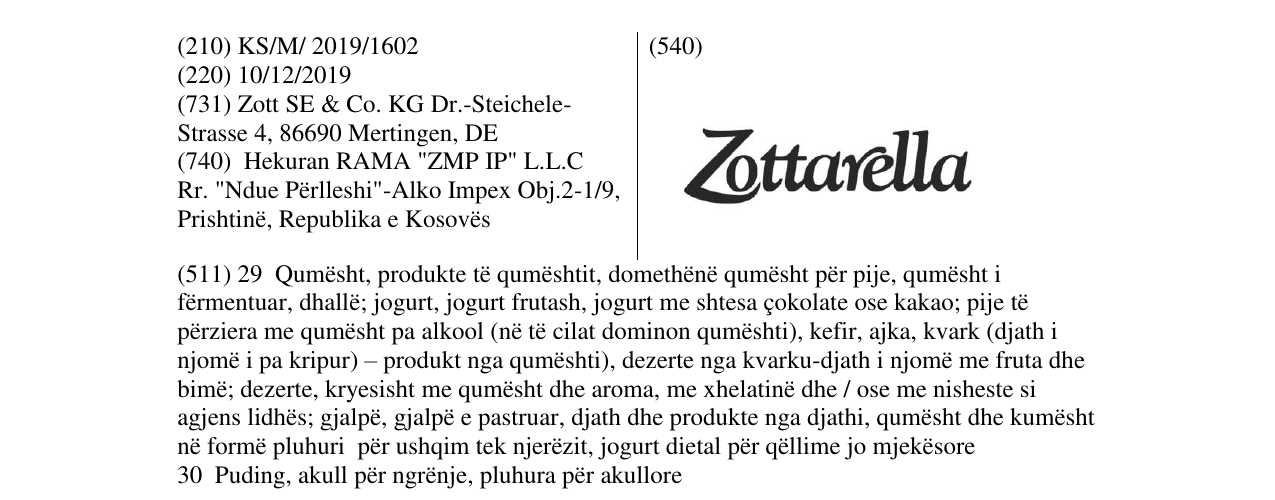 Zëri i markës Zottarella në buletin