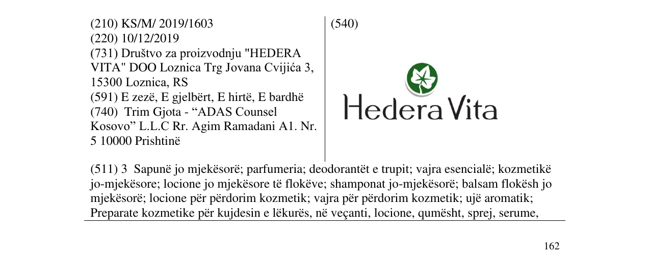 Zëri i markës Hedera Vita në buletin