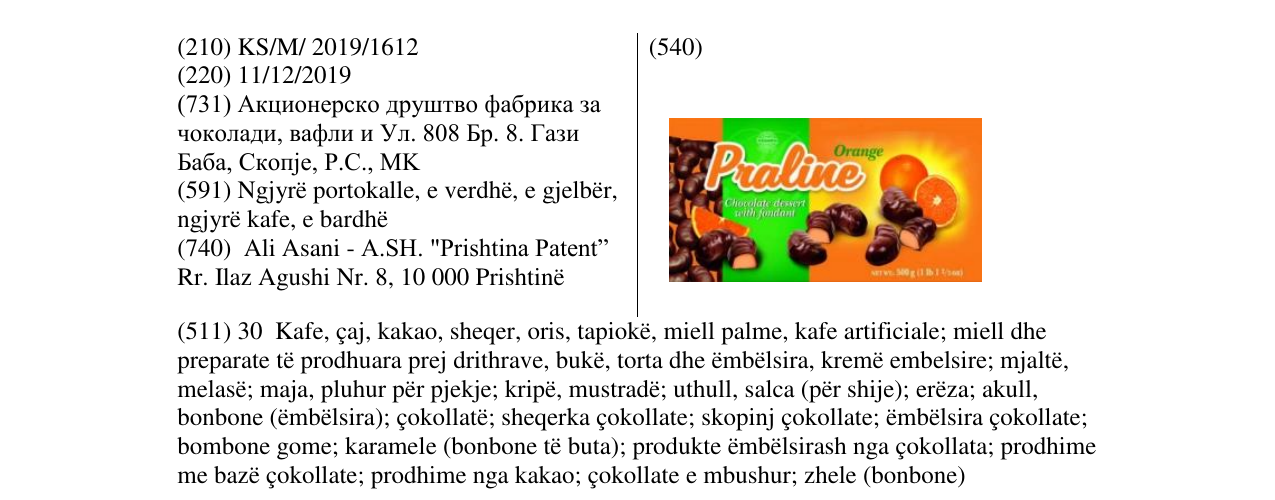 Zëri i markës Praline Orange në buletin