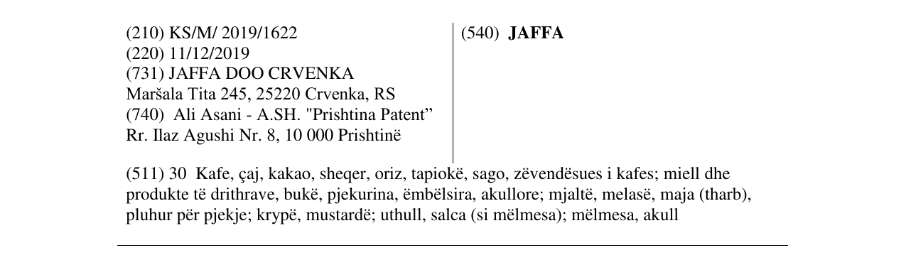 Zëri i markës JAFFA në buletin