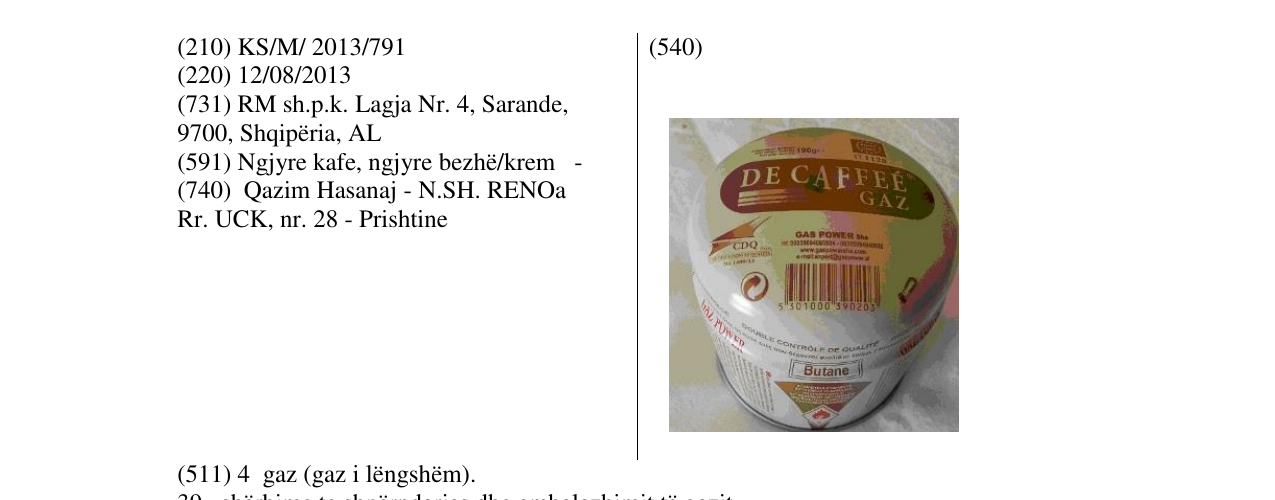 Zëri i markës DE CAFFEE GAZ në buletin