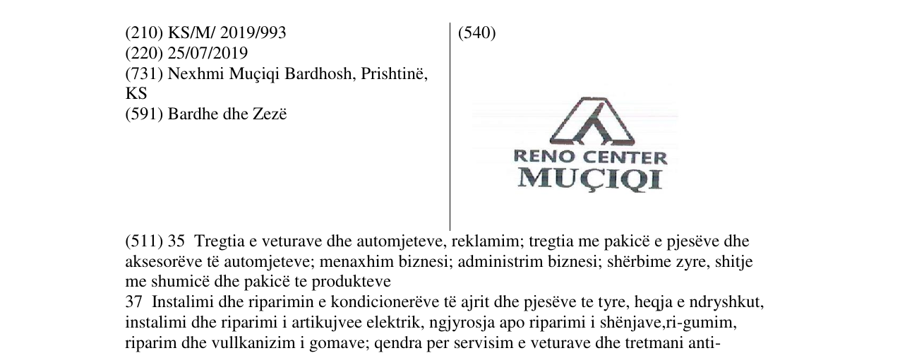 L'inscription de la marque RENO CENTER MUQIQI au bulletin
