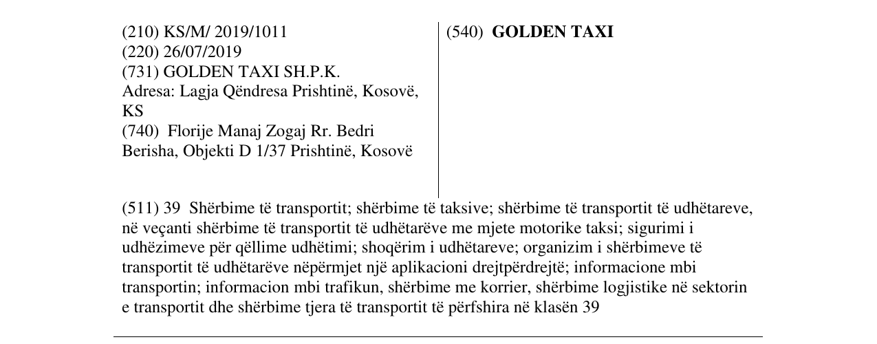 Zëri i markës GOLDEN TAXI në buletin