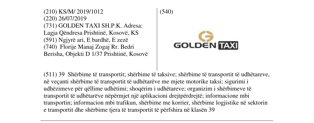 Zëri i markës GOLDEN TAXI në buletin