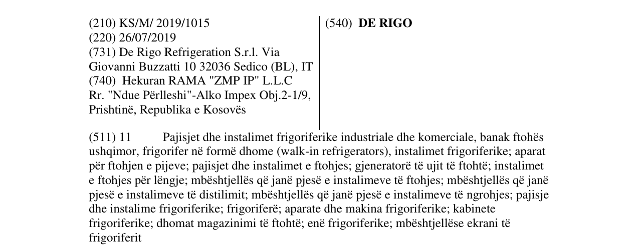 Zëri i markës DE RIGO në buletin