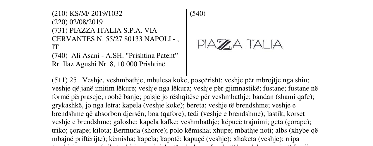 Zëri i markës PIAZAITALIA në buletin