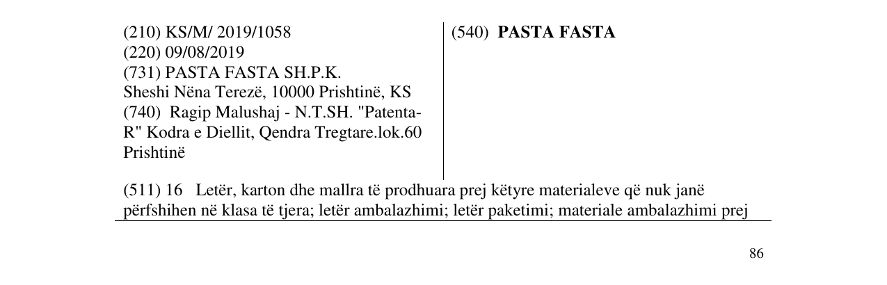 Zëri i markës PASTA FASTA në buletin