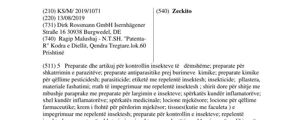 Zëri i markës Zeckito në buletin