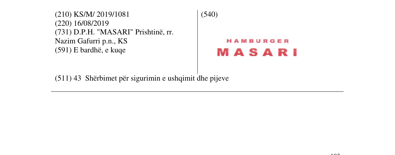 Zëri i markës HAMBURGER MASARI në buletin
