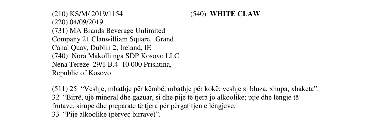 Zëri i markës WHITE CLAW në buletin