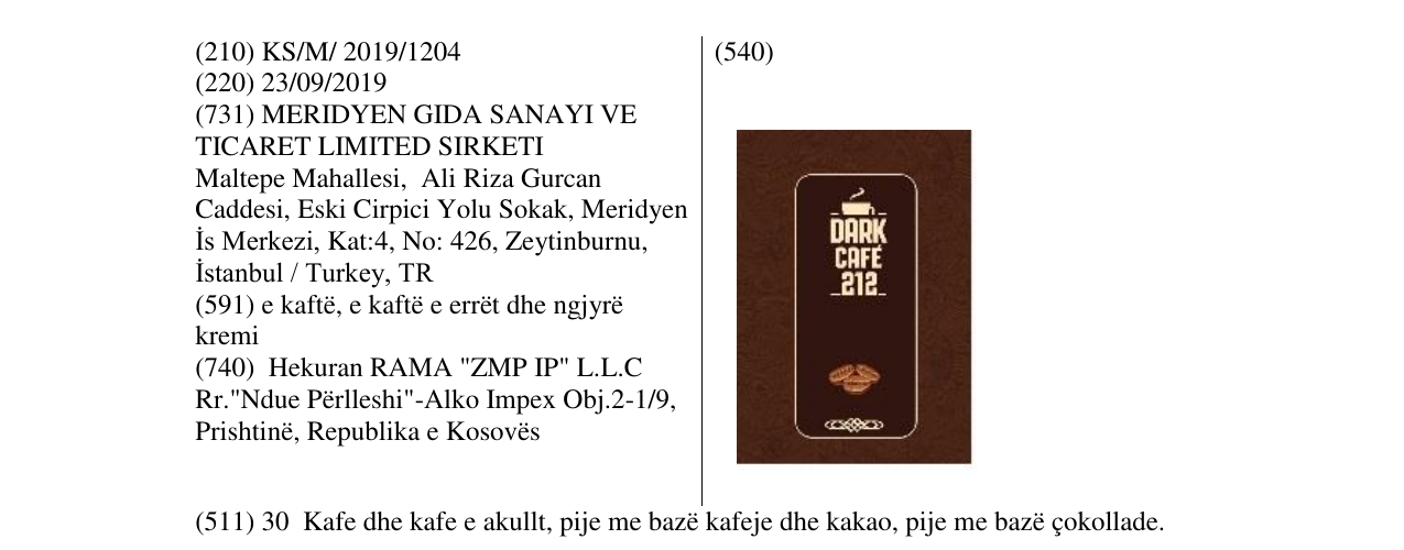Zëri i markës DARK CAFE 212 në buletin