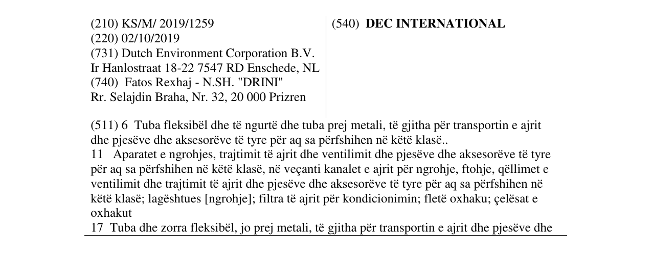 Zëri i markës DEC INTERNATIONAL në buletin