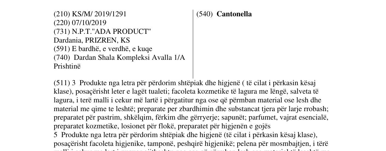 Zëri i markës Cantonella në buletin
