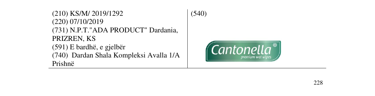 Zëri i markës Cantonella në buletin