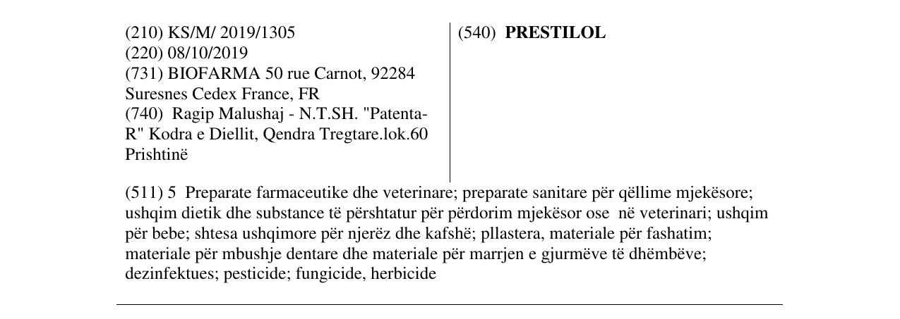 Zëri i markës PRESTILOL në buletin