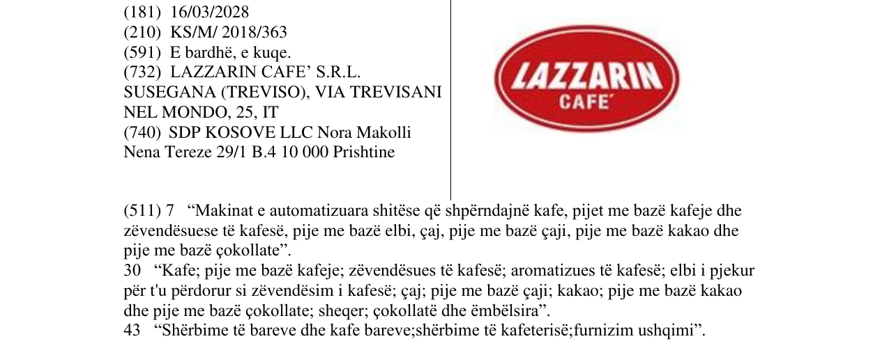 Zëri i markës LAZZARIN CAFE në buletin