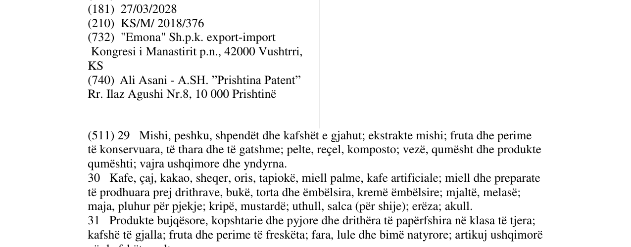 Zëri i markës Perla Di Montara në buletin