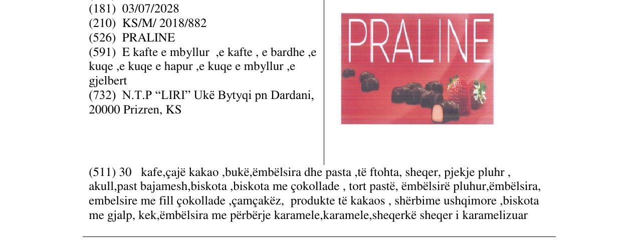 Zëri i markës PRALINE në buletin