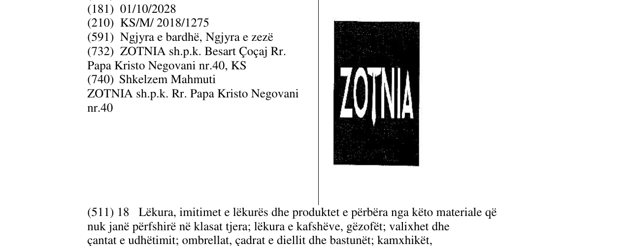 Zëri i markës ZOTNIA në buletin