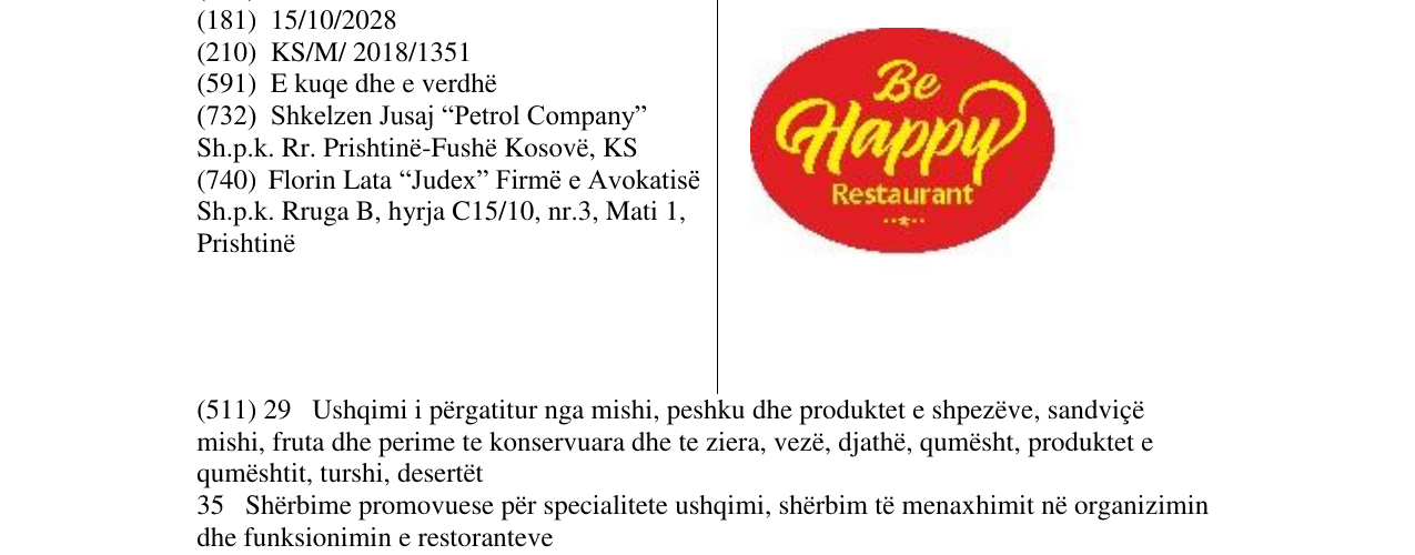 Zëri i markës Be Happy Restaurant në buletin
