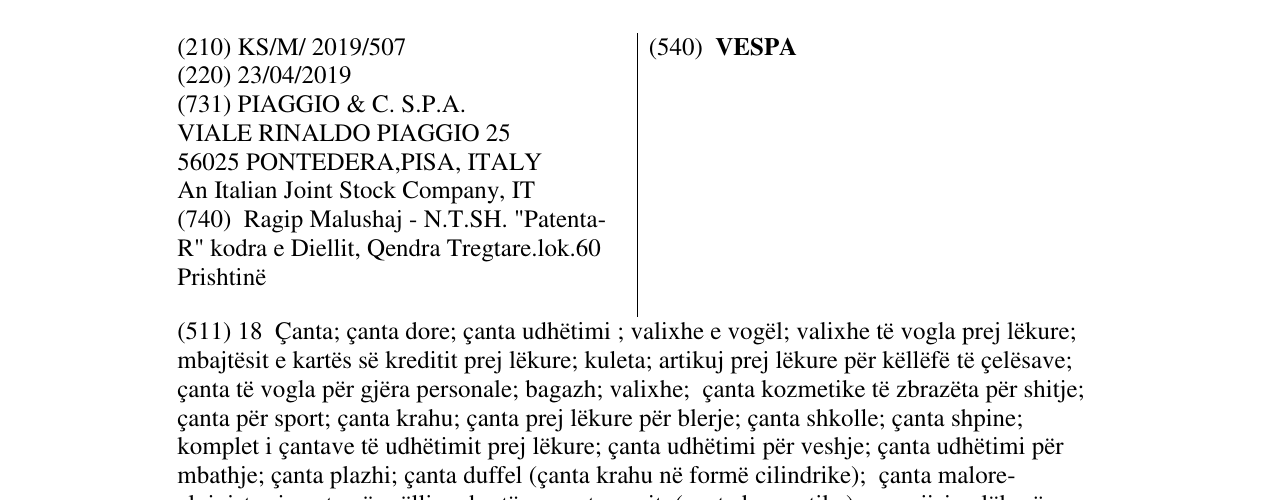 Zëri i markës VESPA në buletin