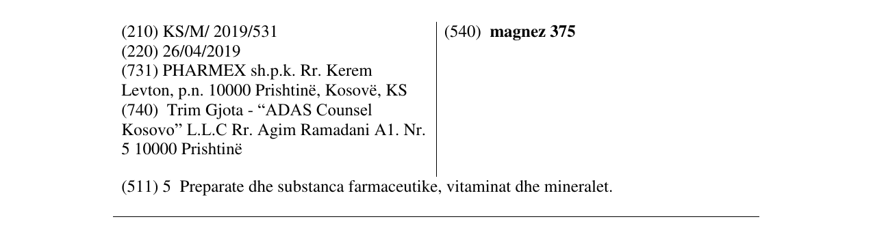 Zëri i markës magnez 375 në buletin