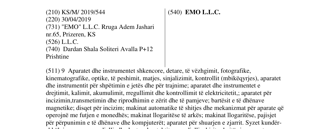 Zëri i markës EMO L.L.C. në buletin
