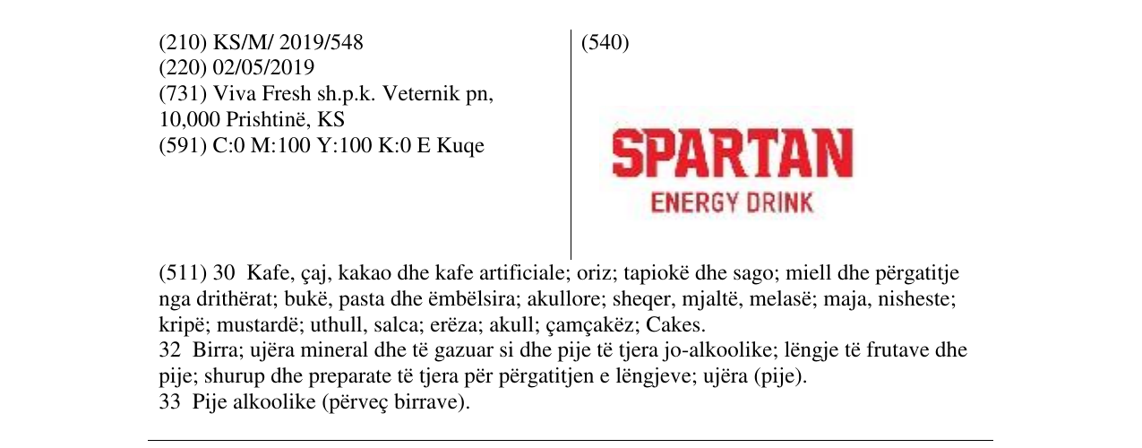 Zëri i markës SPARTAN ENERGY DRINK në buletin