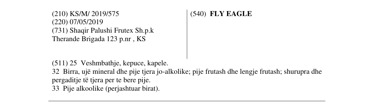 Zëri i markës FLY EAGLE në buletin