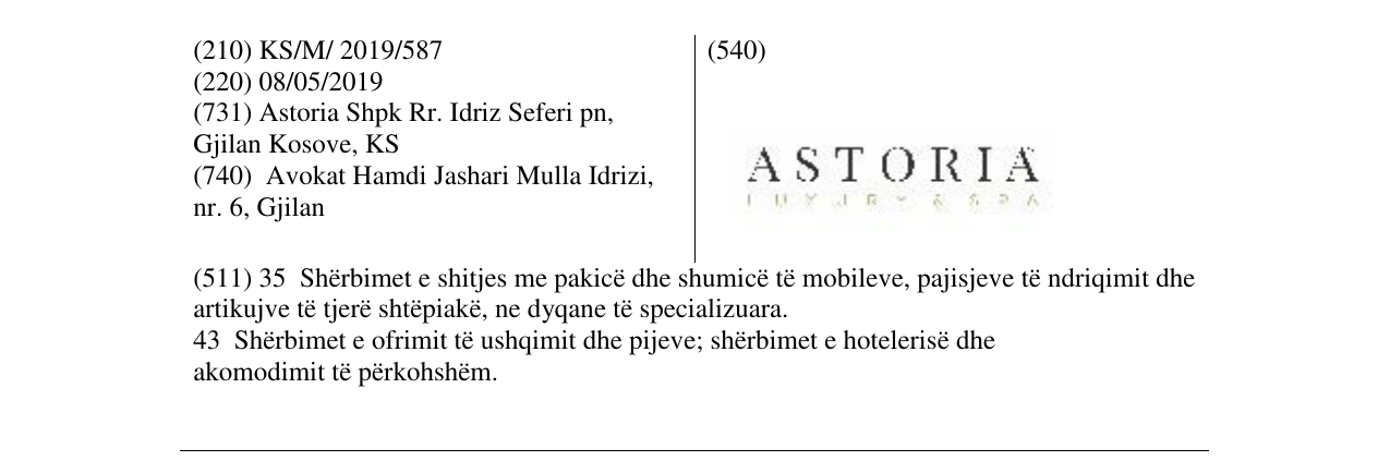 Zëri i markës ASTORIA në buletin