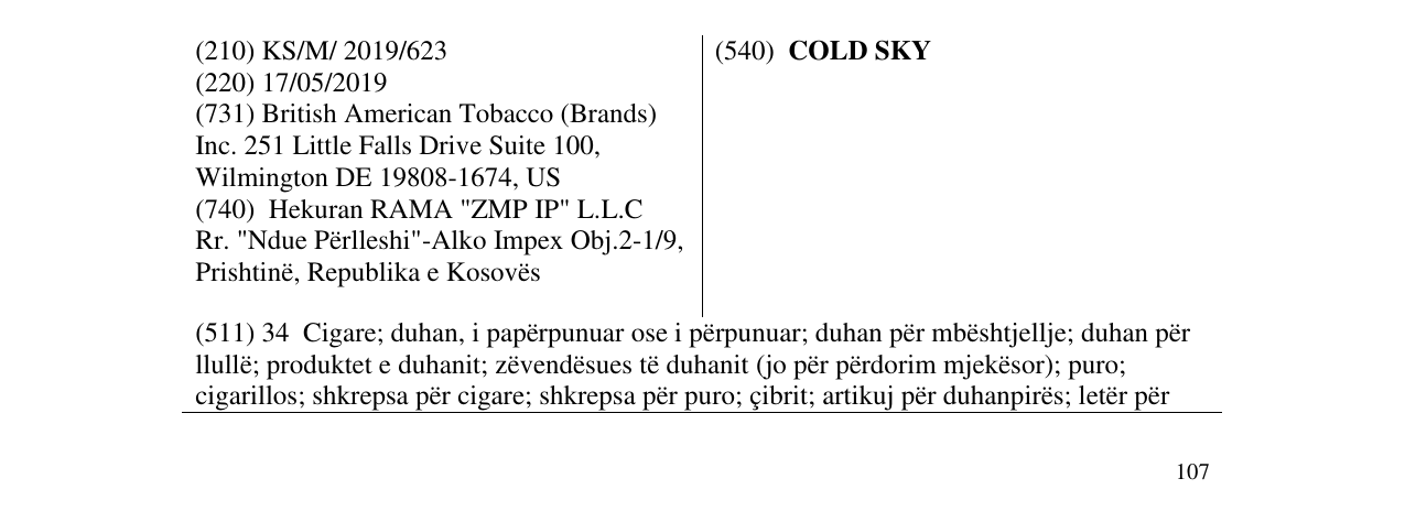 Zëri i markës COLD SKY në buletin