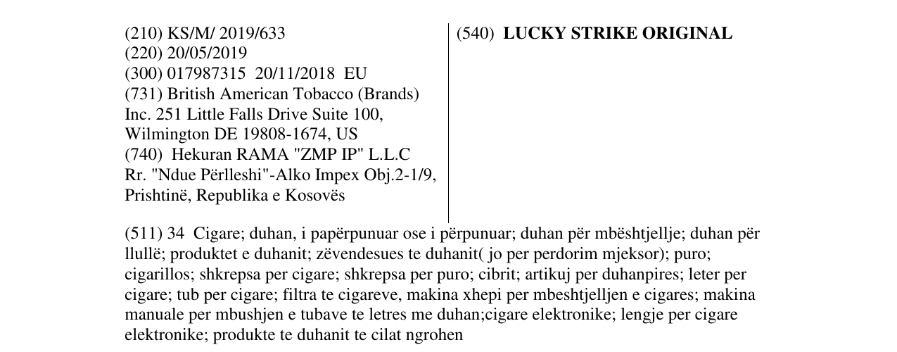 Zëri i markës LUCKY STRIKE ORIGINAL në buletin