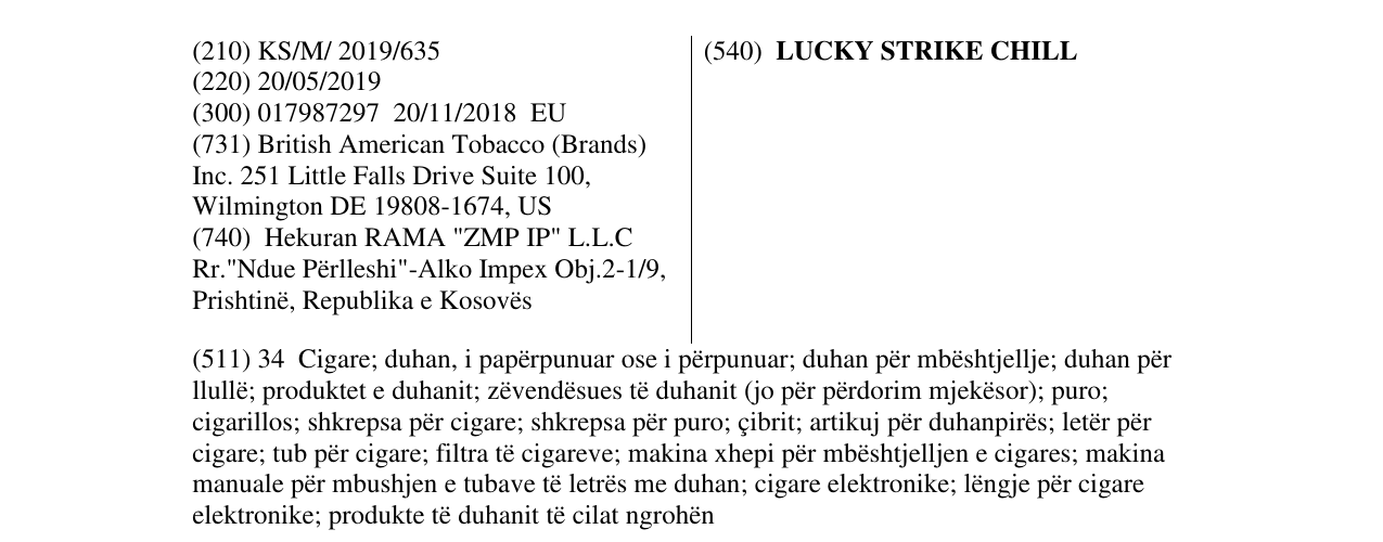 Zëri i markës LUCKY STRIKE CHILL në buletin