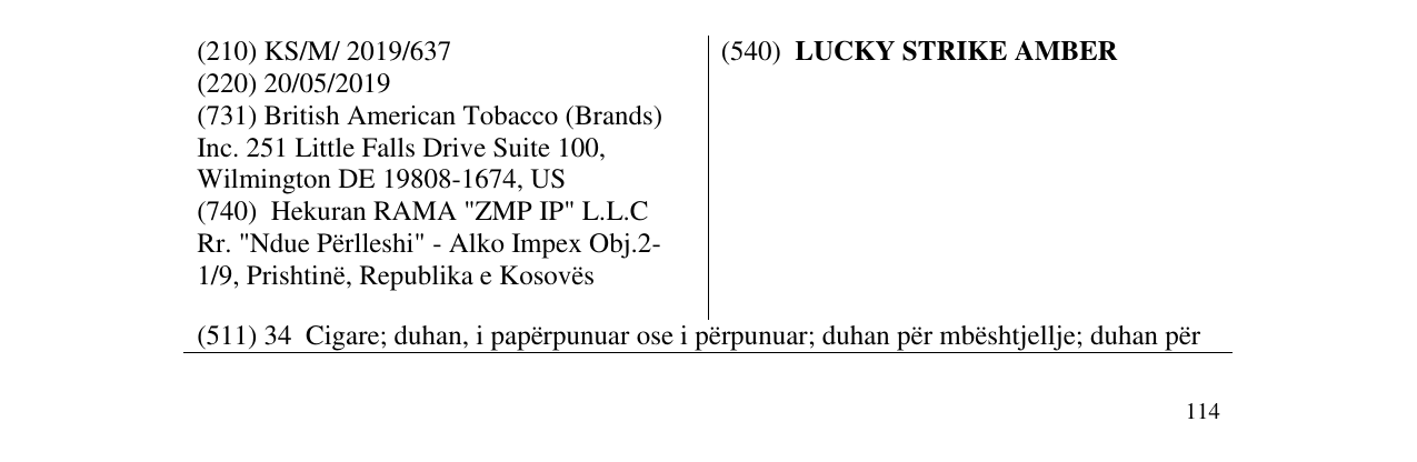 Zëri i markës LUCKY STRIKE AMBER në buletin