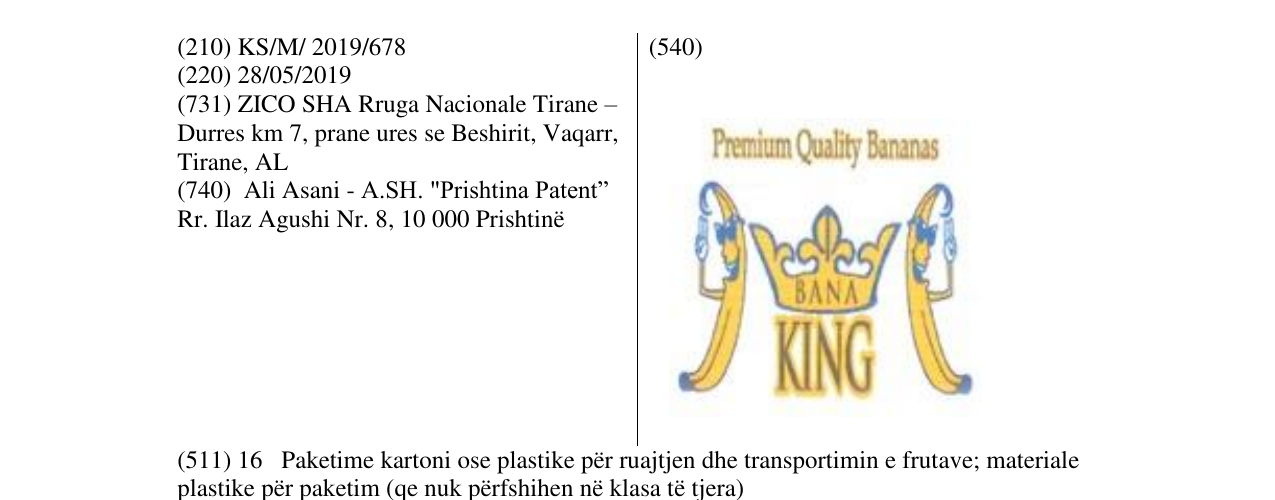 Zëri i markës BANA KING në buletin