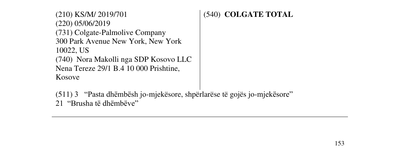 Zëri i markës COLGATE TOTAL në buletin