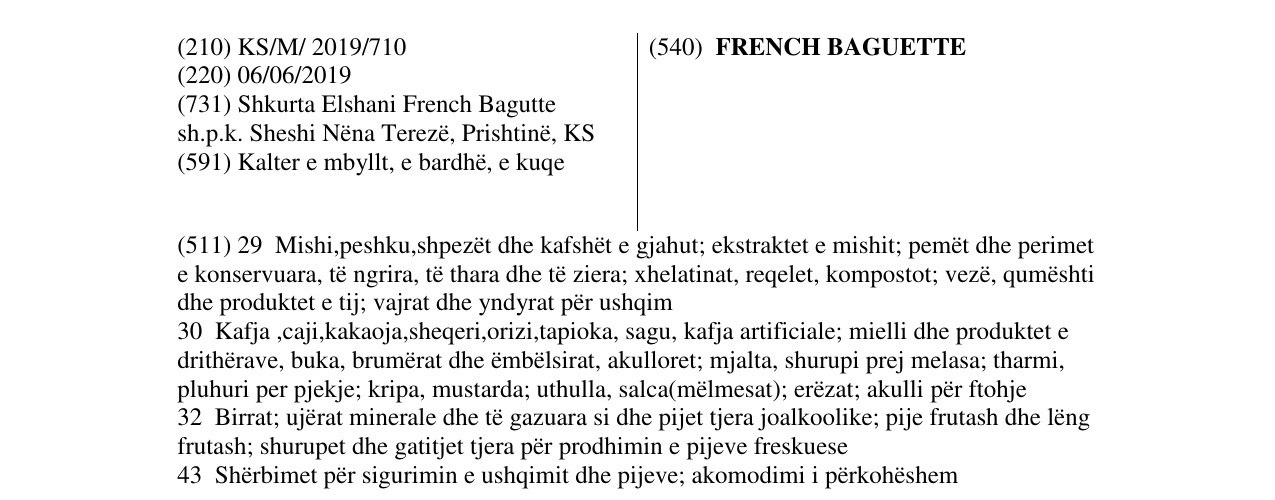 Zëri i markës FRENCH BAGUETTE në buletin