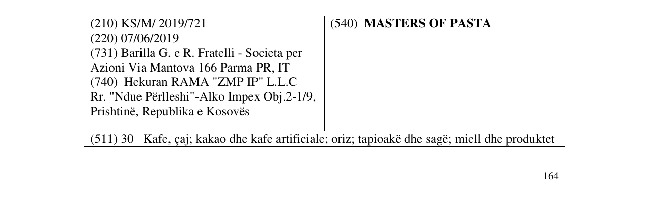 Zëri i markës MASTERS OF PASTA në buletin