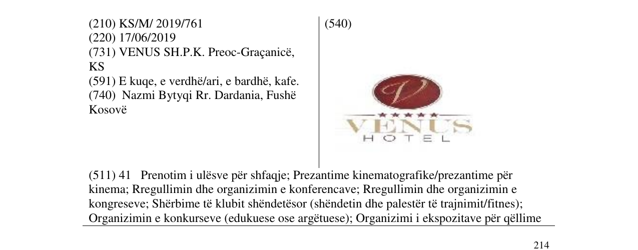 Zëri i markës VENUS HOTEL në buletin