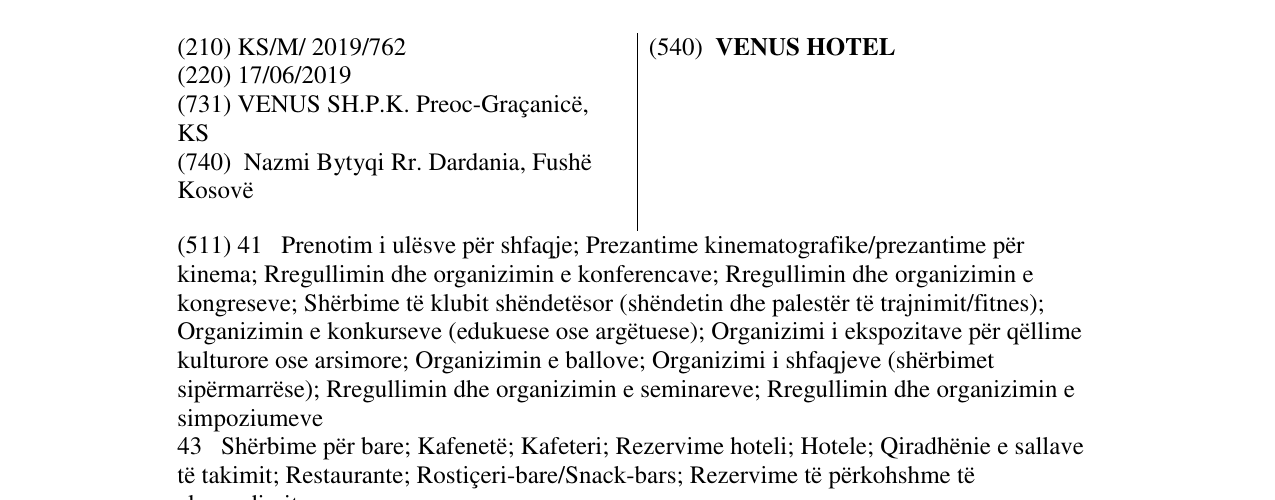 Zëri i markës VENUS HOTEL në buletin