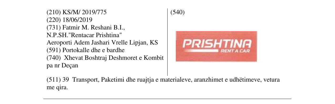 Zëri i markës PRISHTINA RENT A CAR në buletin