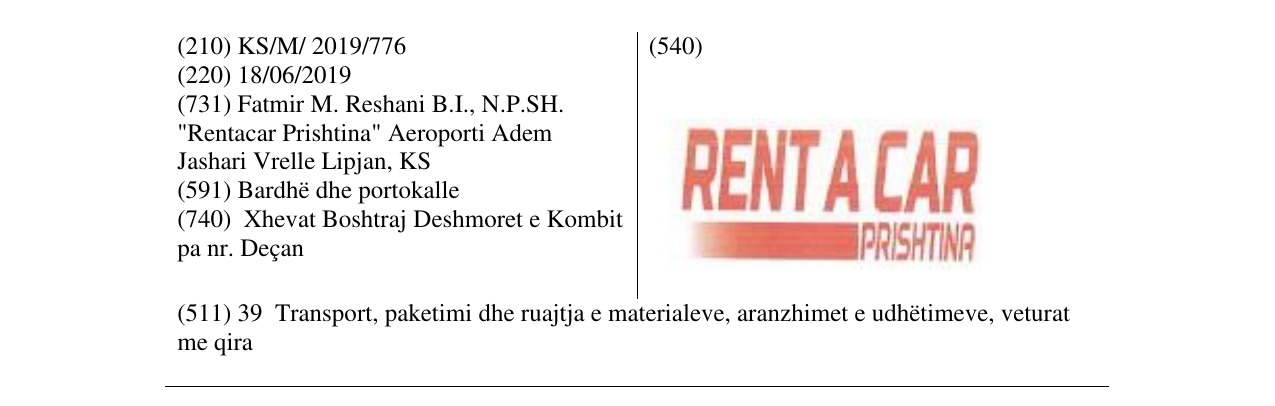 Zëri i markës RENT A CAR në buletin