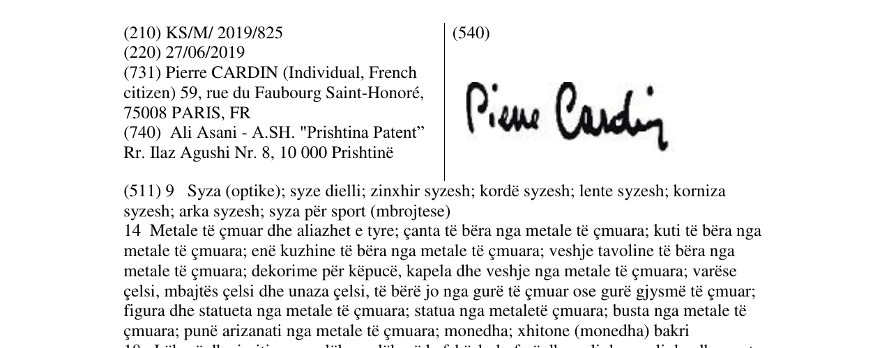 Zëri i markës Pierre Cardin në buletin