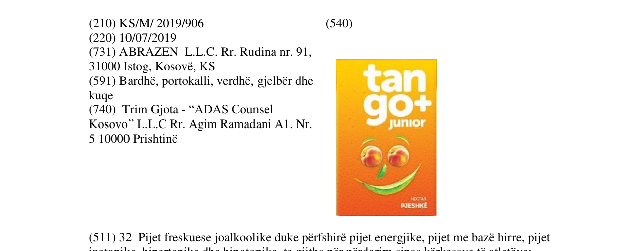 Zëri i markës tango+ junior Pjeshkë në buletin