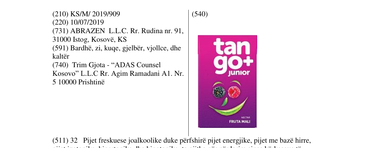Zëri i markës tango+ junior Fruta mali në buletin