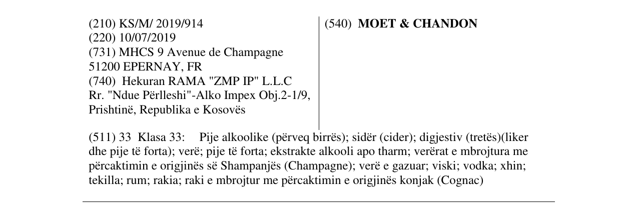 L'inscription de la marque MOET & CHANDON au bulletin
