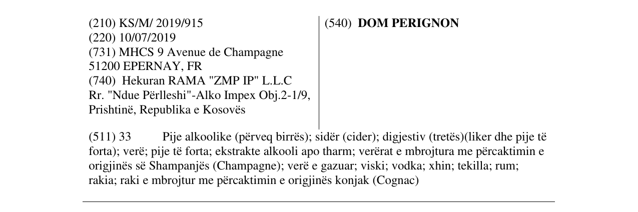 Zëri i markës DOM PERIGNON në buletin