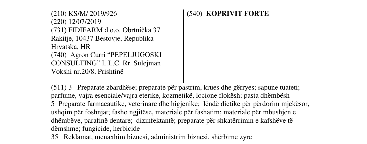 Zëri i markës KOPRIVIT FORTE në buletin